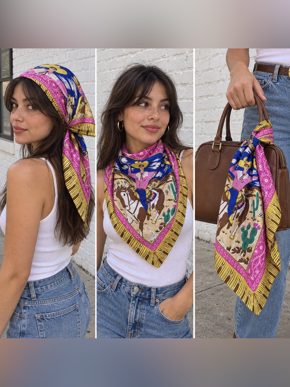 Vintage Bob Mackie Wearable Art Bronco Billy Western Silk Scarf Pink & Blue - Picture 2 of 9